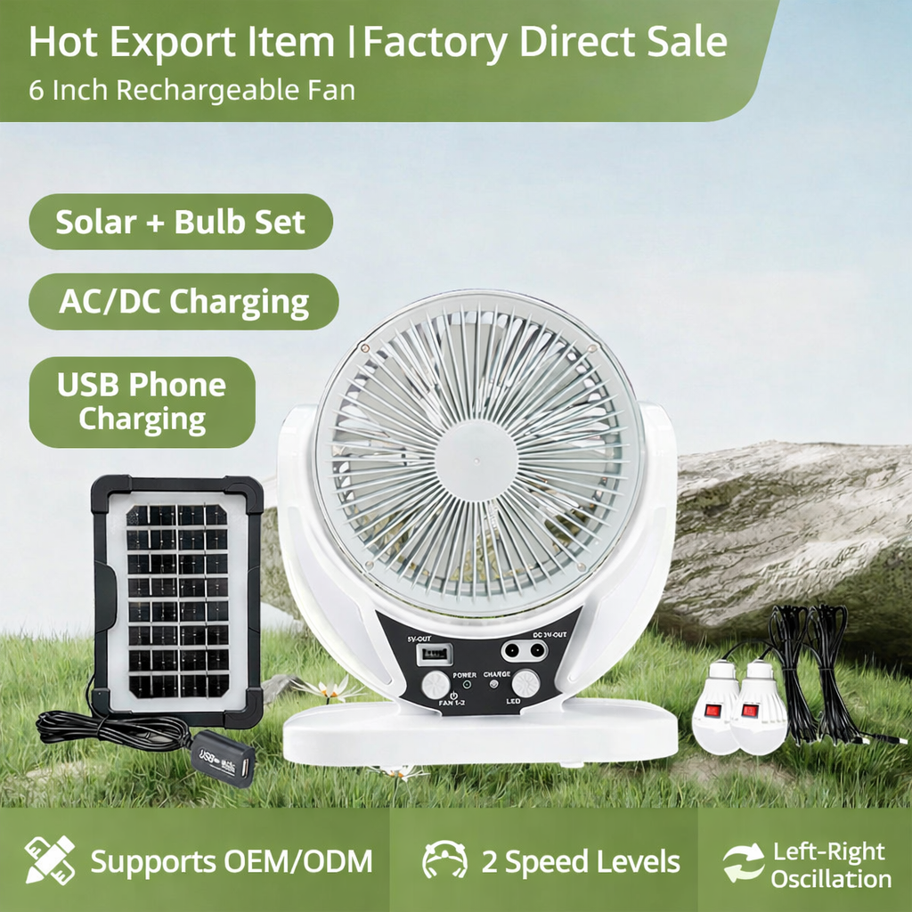 6 Inch Rechargeable Fan with solar panel, bulb set, and charging options on a grassy background.